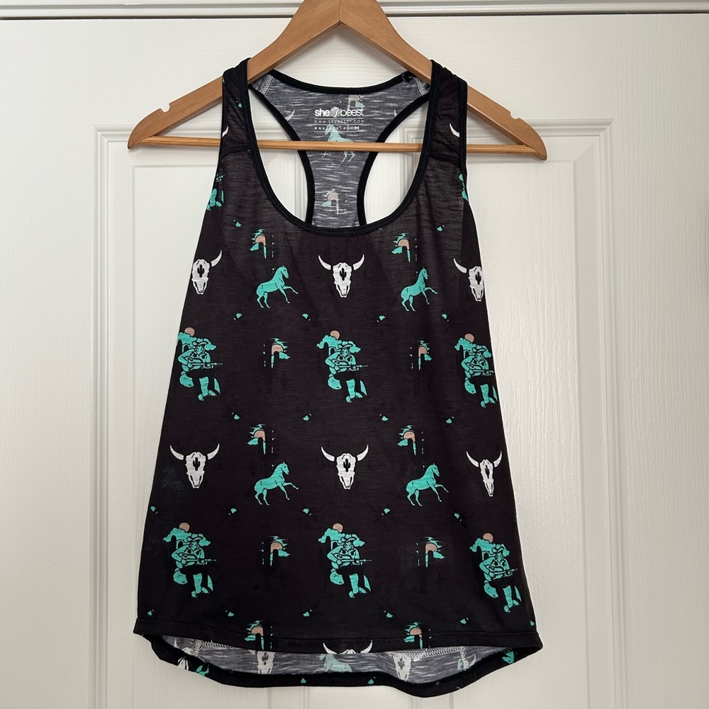 shebeest Black Racerback Tank with Teal Western Motif